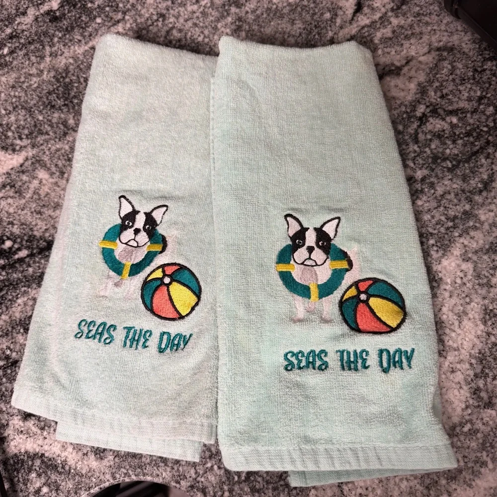 Embroidered 'Seas The Day' Mint Kitchen Towels